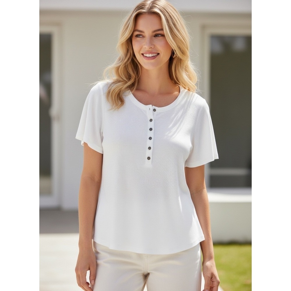 a.n.a Ribbed Short Sleeve Henley Top Women XL White Button Front Loungewear Chic